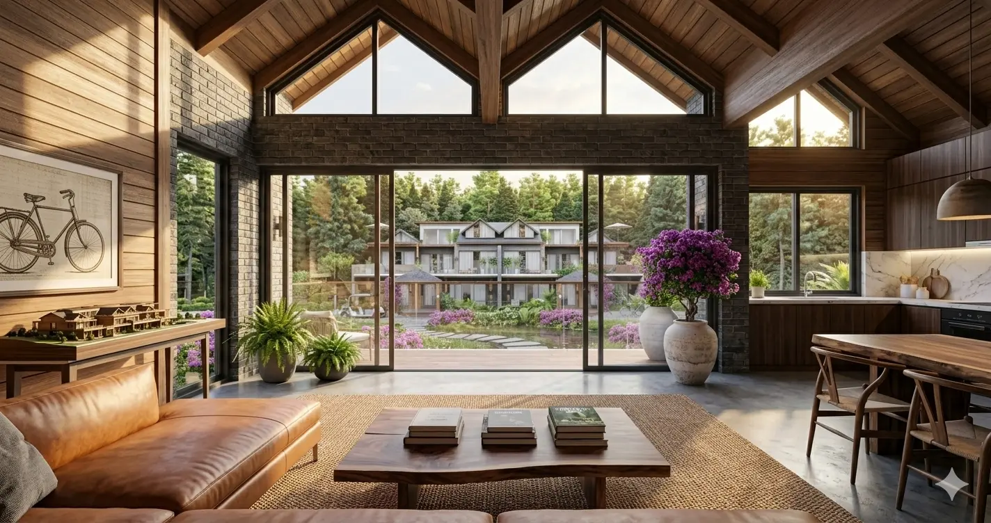 Spacious open-concept luxury living room with private balcony overlooking scenic green hills
