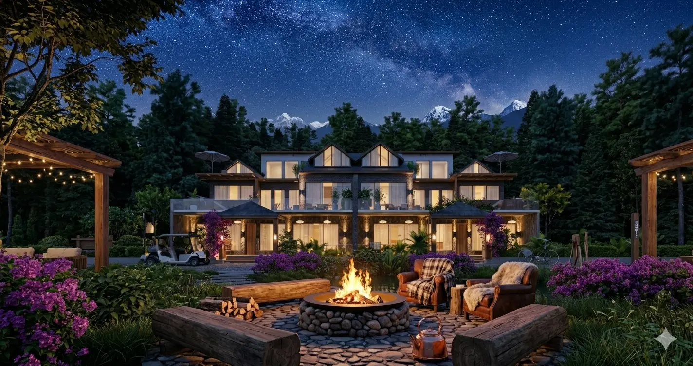 Luxury outdoor stone fire pit seating area at dusk near Kasol
