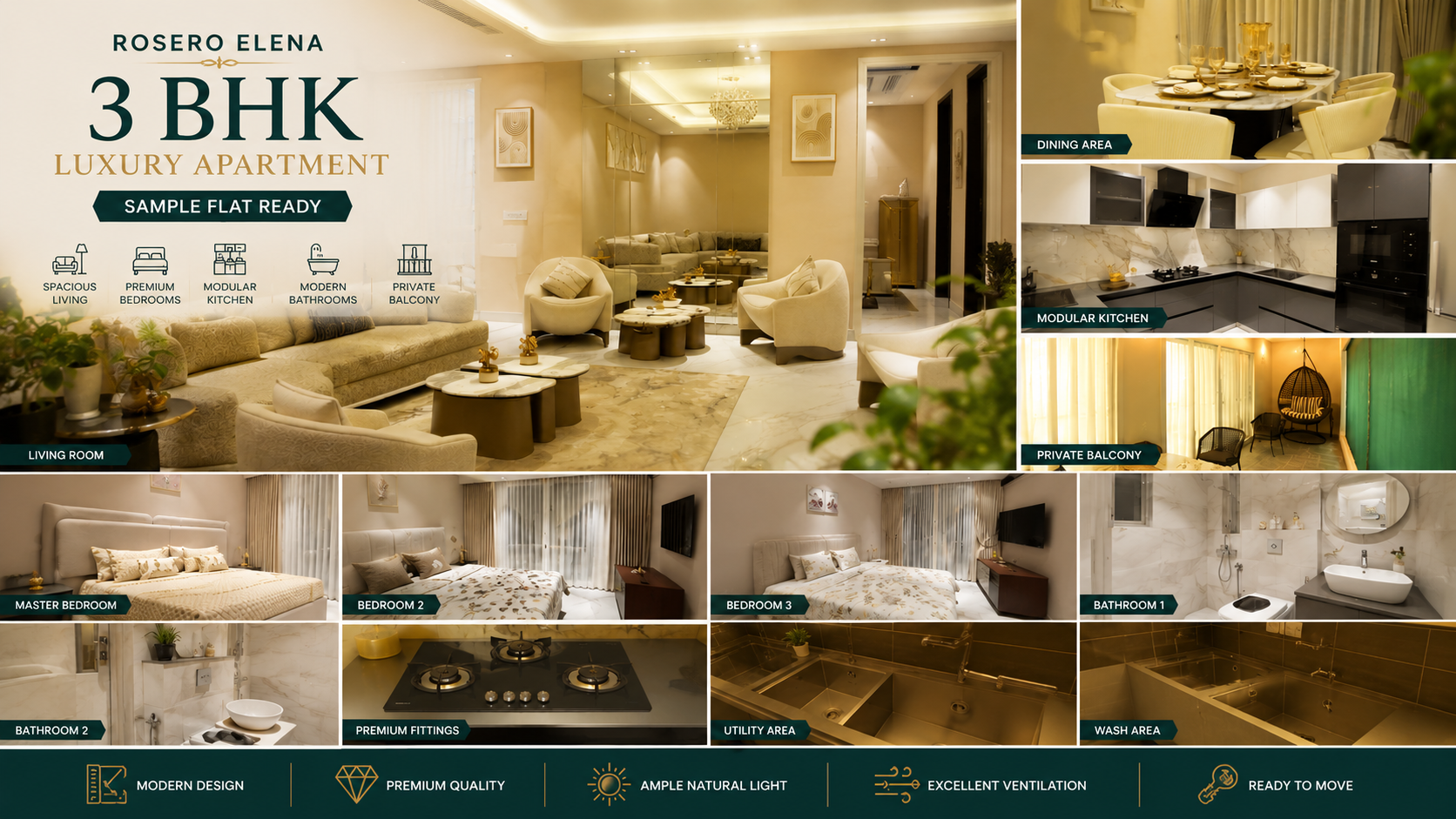 Spacious 3 BHK apartment interior in Zirakpur